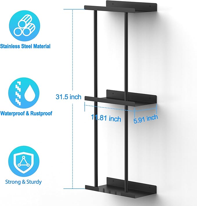 Towel Rack for Bathroom, Wall Mounted Vertical Rolled Towel Storage Organizer Holder with Shelf, Holds Up 6 Large Bath Sheets, Black Large Size