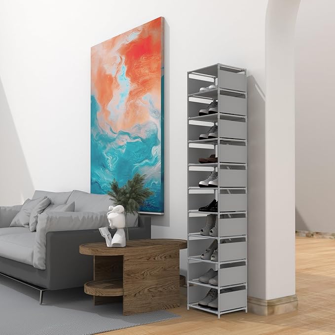 Vertical Shoe Rack, 10 Tier Grey Narrow Shoe Organizer for Closet Entryway, Tall Slim Shoe Tower for Small Spaces, Space Saving Corner Shoe Shelf-NeatNest