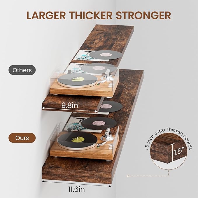 Heimlove 12 Inch Deep Floating Shelves, 55 x 12 inch Extra Long Floating Shelves for Wall, Large Display Shelf & Storage Shelf for Living Room Bedroom Kitchen Home Office, Set of 2, Rustic Brown-NeatNest