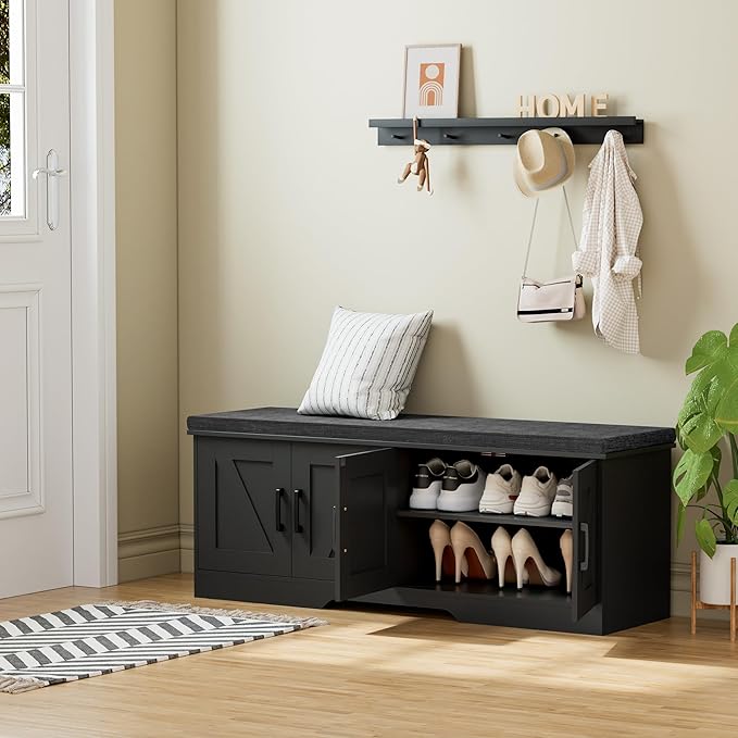 2-Tier Storage Bench, Shoe Bench with Padded Seat Cushion, Entryway Bench with 4 Barn Doors, Adjustable Shelf, 13.8" D x 47.2" W x 17.7" H, for Entryway, Living Room, Bedroom, Black-NeatNest