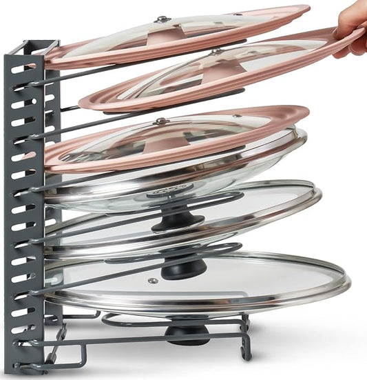 BTH Adjustable Pot Lid Organizer for Cabinet - Kitchen Storage Rack 6 Adjustable Shelves, Pot Lid Holder, Pan and Pot Rack Organizer, Pantry & Inside Cabinet Organizer (13” Clearance)-NeatNest