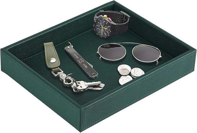 HofferRuffer Faux Leather Decorative Tray, Elegant Desktop Storage Organizer, Decorative Catchall Perfume Tray, Nightstand or Dresser Vanity Tray Organizer, 10.2 x 8.4 x 1.8 inches (Dark Green)-NeatNest