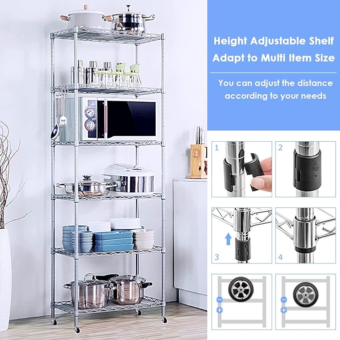 BNSPLY 5 Tier Narrow Wire Shelving Unit with Wheels, Height Adjustable Wire Shelves with NSF Certified, Mobile Metal Storage Rack for Kitchen, Laundry, Bathroom (17.7" D x 23.6" W x 71" H, Chrome)-NeatNest
