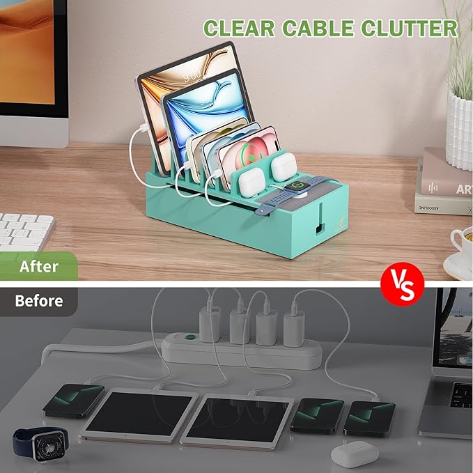 Pezin & Hulin Bamboo Charging Stand Rack, Wooden Charge Box for Mobile Phones, Tablets, Smart Watch and Earbuds, Wire Cable Organizer Box, Bedside Dock Stand Holder (NO Power Adapter Supply)-Teal
