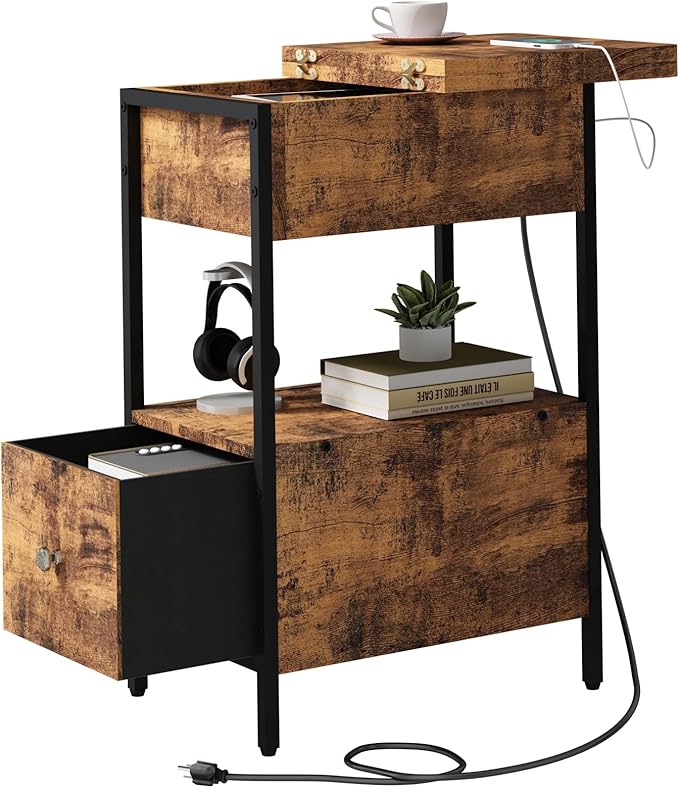 SOOWERY End Table with Charging Station, Narrow Side Table with Flip Top Cabinet and Fabric Drawer, Nightstand Bedside Tables for Small Spaces, Bedroom, Living Room, Rustic Brown