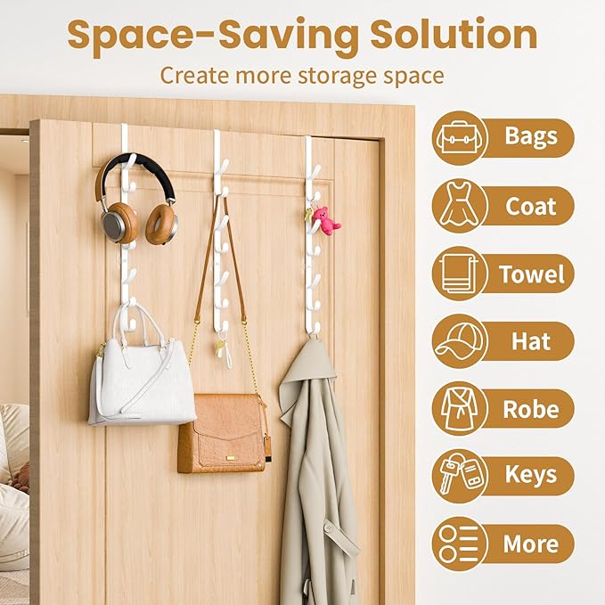 Over The Door Hooks, Metal Door Hooks for Hanging,Door Purse Organizer for Door Coat Hanger, Back of Shower for Hanging Towel Rack Clothes, Hat, Bathroom Bathroom Dorm Bedroom Closet (White-3Packs)