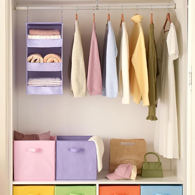 GRANNY SAYS 3 Shelf Hanging Closet Organizers and Storage, Collapsible Closet Storage Organizer with 2 Metal Hooks, Leak-Proof Hanging Shelves for Nursery, Kids Room, Bedroom, 1 Pack, Purple-NeatNest