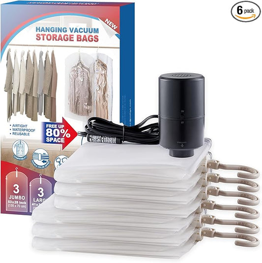 Hanging Vacuum Storage Bags, 6 Pack Hanging Storage Bags for Clothes With Electric Pump, Vacuum Sealed for Suits, Dress, Jackets (3 Long, 3 Short)-NeatNest