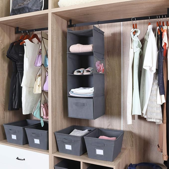 MAX Houser 4-Shelf Hanging Closet Organizer, Space Saver, Cloth Hanging Shelves with 2 Side Pockets, Foldable (Grey)-NeatNest