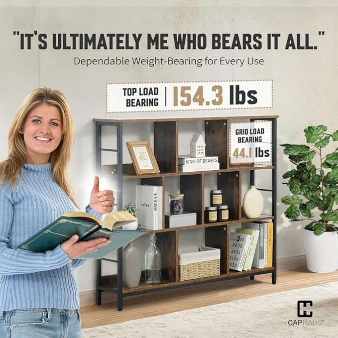 CAPHAUS 10 Cube Storage Organizer, 48” Wide 3 Tier Rustic Oak Industrial Open Shelf Bookcase, Display Shelf, Horizontal Bookshelf with Metal Frame, Wooden Board, for Living Room, Bedroom, Office-NeatNest