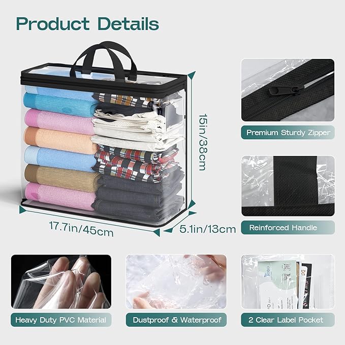 5PACK Clear Zippered Storage Bags for Clothes, 22L Closet Organizers Bag, and Blanket Storage Bags for Bedding, Linen, Blankets, Comforters, Clothing & Toys (Black)-NeatNest