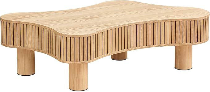 Kevinplus 42.52'' Modern Wood Coffee Table for Living Room, Contemporary Irregular Drum Curved Handcraft Coffee Table with Strong Legs, Easy Assembly, Oak