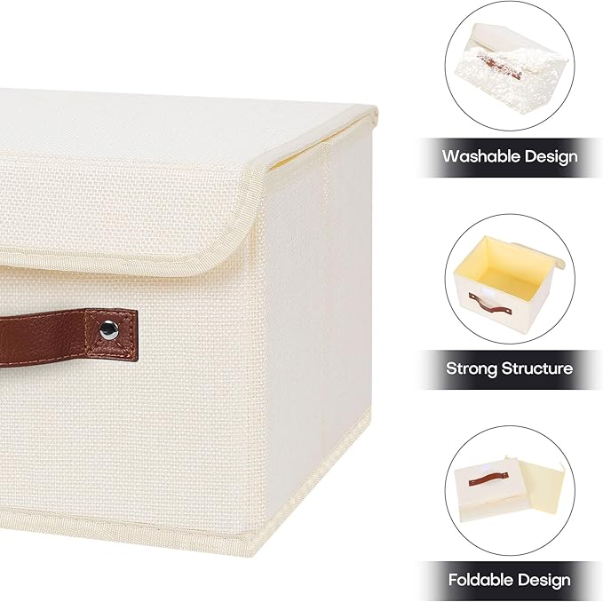 ANMINY 4PCS Storage Bins with Lid PU Leather Handles Storage Boxes PP Plastic Board Decorative Foldable Lidded Cotton Linen Fabric Home Cubes Baskets Closet Organizer Containers - Beige, Small Size-NeatNest
