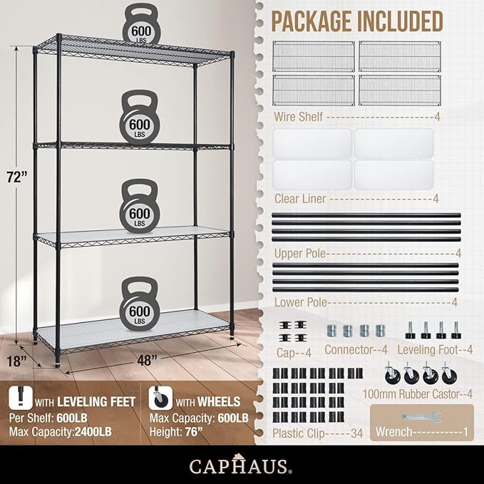 CAPHAUS NSF Commercial Grade Heavy Duty Wire Shelving w/Wheels, Leveling Feet & Liners, Storage Metal Shelf, Garage Shelving Storage, Utility Wire Rack Storage Shelves, 48 x 18 x 76 4-Tier w/Liner-NeatNest