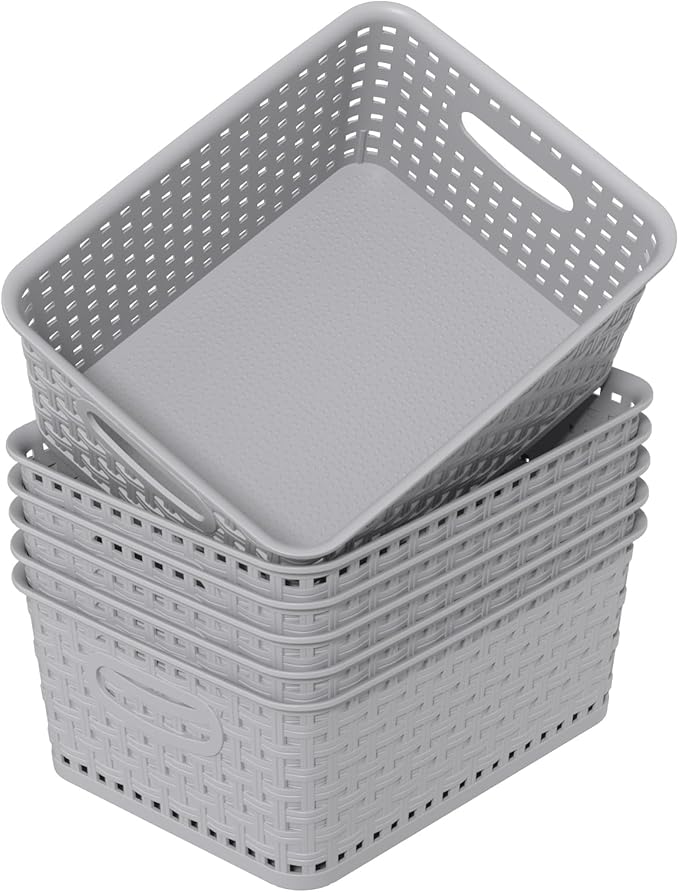 6 Packs Plastic Storage Baskets for Organizing Shelves Drawers Desktop, Small Pantry Organization, Grey