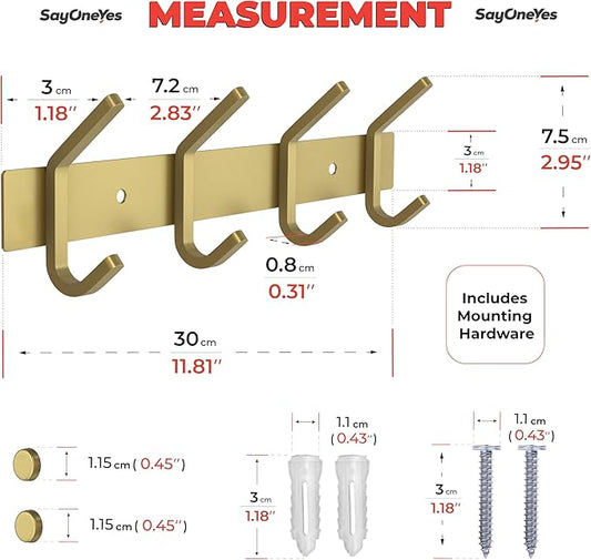 Brushed Gold Wall Mounted Coat Rack – 12 Inch Stainless Steel Rail with 4 Double Coat Hooks for Entryway, Bathroom, Bedroom, Kitchen – Modern Gold Hook Rack for Coats, Hats, Towels-NeatNest