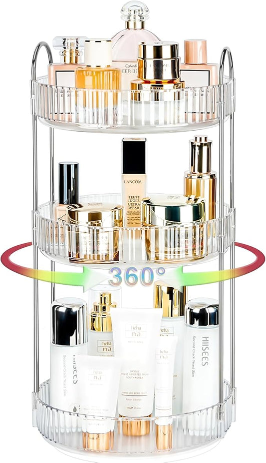 360 Rotating Makeup Organizer for Vanity, Large Capacity Spinning Perfume Organizer, Bathroom Organizer, Cosmetic Skincare Holder Organizer for Countertop (Silver Clear, 3 Tier)-NeatNest