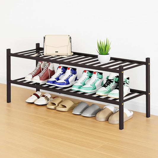 Smiry Shoe Rack, 2 Tier Long Bamboo Shoe Organizer, Stackable Free Standing Wooden Shoe Storage Shelf for Closet, Entryway, Front Door Entrance, Brown-NeatNest