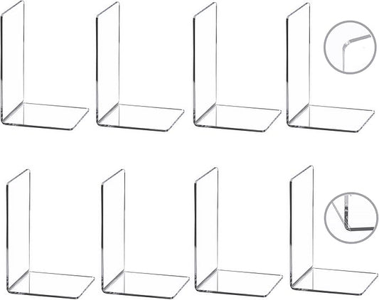 CY craft 8 Pieces/4 Pairs Bookends,Clear Acrylic Bookends for Shelves,Heavy Duty Book Ends and Desktop Organizer,Book Stopper for Books/Movies/CDs,7.3x4.8x4.8 inch-NeatNest