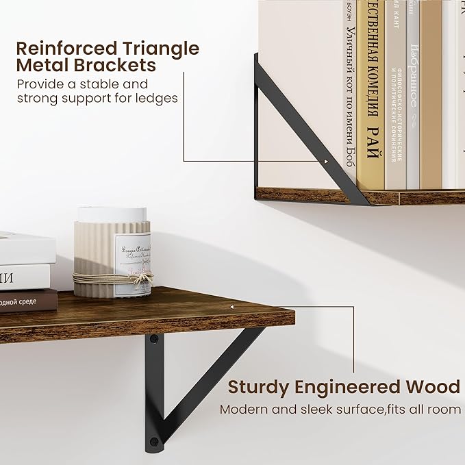 Fun Memories Deep Floating Shelves for Wall, 48W x 8D Wall Mounted Shelves Set of 2, Wide Display Ledge Shelf with Sturdy Metal Brackets for Living Room, Bathroom, Bedroom and Kitchen, Rustic Brown-NeatNest