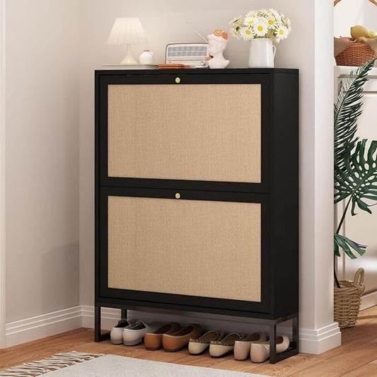 AVZEAR Narrow Shoe Cabinet with 2 Flip Drawer, Freestanding Shoe Organizer Shoe Cabinet Storage for Entryway, Slim Shoe Storage Shoe Rack for Closet with Linen Doors in Hallway, Living Room(Black)-NeatNest