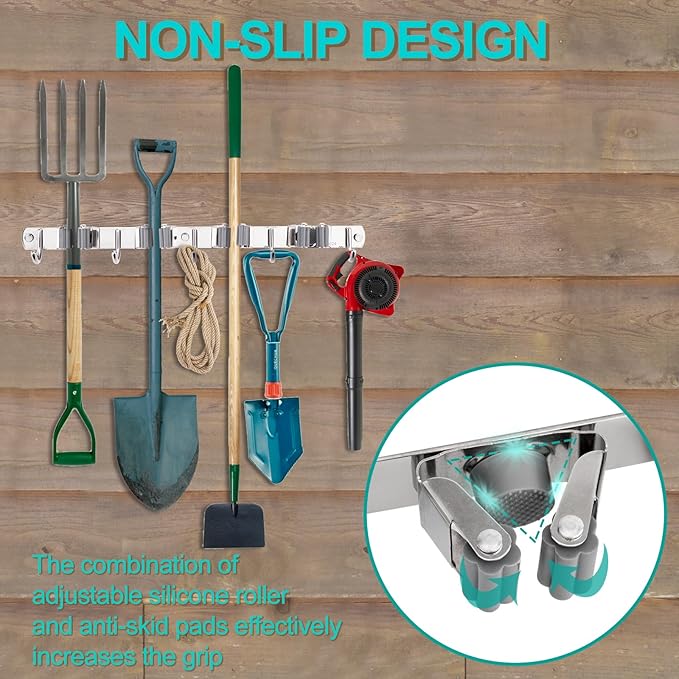 OCGIG 2 Pack Mop and Broom Holder, Wall Mounted Metal Hanger Organization Storage Heavy Duty Tool Organizer for Garage Home Kitchen Laundry Garden (4 Racks and 5 Hooks)-NeatNest