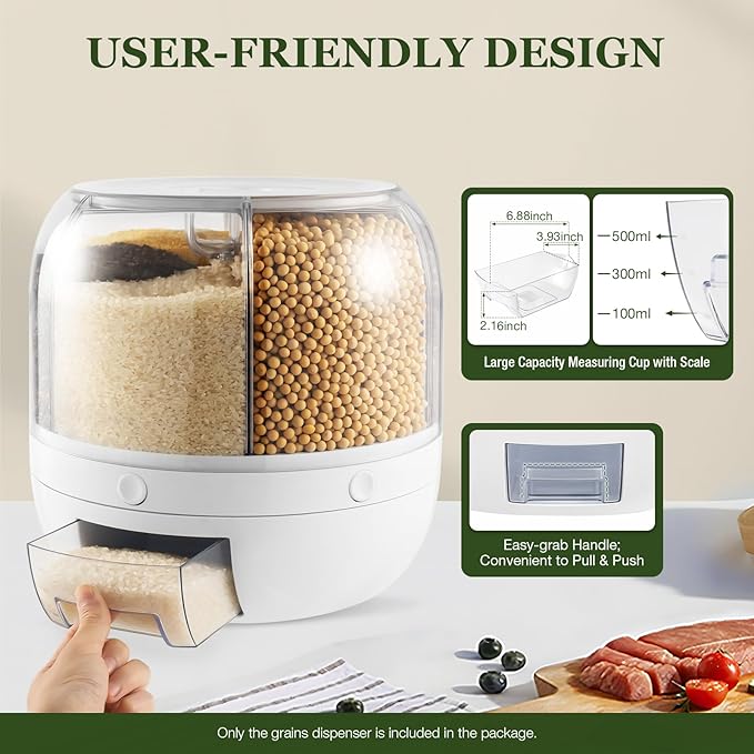 360° Rotating Grains Dispenser, 6 Grids Dry Food Dispenser, Round Multigrain Tank Cup Dry Rice Container with Sealed Lid, Grains Cans Grain Storage Tank for Home Kitchen, Can Hold 13lbs, White-NeatNest