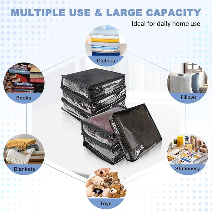 Clear Zippered Storage Bags Plastic Sweater Storage Bags with Zipper 6 Packs Clothing Organizer for Blankets Linen Sweater Bed Sheet Quilt Clothes Pillow (10.5 x 10.5 x 2.5 Inch, Black)-NeatNest