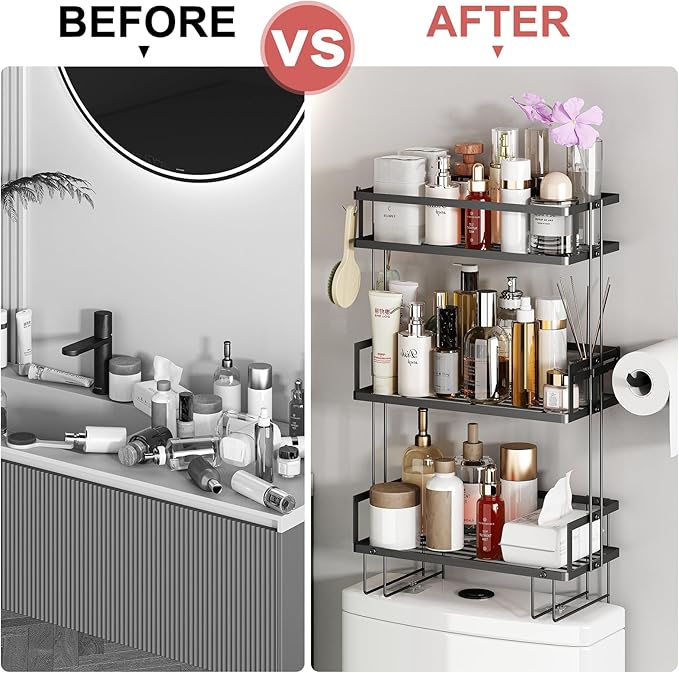 Godboat Bathroom Organizers and Storage, 3-Tier Wall Shelves, Over Toilet Rack with Paper Holder and 2 Hooks, Floating Shelf & Accessories, Gifts for Women, Mom, Mothers Day (Black)-NeatNest