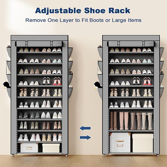 Mavivegue Shoe Rack with Cover, 10 Tier Tall Shoe Storage for 50-55 Pairs of Shoes, Shoe Organizer for Entryway, Closet, Garage, Grey-NeatNest