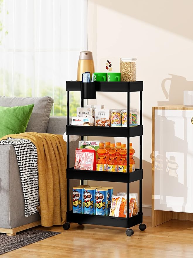 LEHOM Slim Rolling Storage Cart - 4 Tiers Bathroom Organizer Utility Cart Slide Out Storage Shelves Mobile Shelving Unit for Kitchen, Bedroom, Office, Laundry Room, Small Narrow Spaces Black