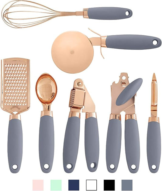 COOK WITH COLOR Kitchen Gadget Set Copper Plated Stainless Steel Utensils with Soft Touch Handles, Copper Grey, 7 Pieces-NeatNest