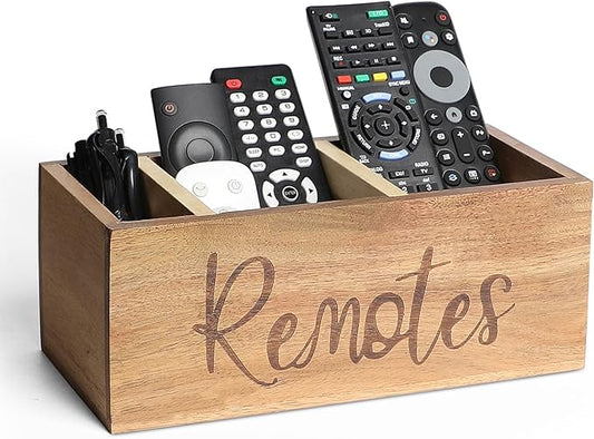 Acacia Wood TV Remote Holder, Caddy and Organizer for Table, Vintage Farmhouse Desk Caddy (Brown-for 5+ Remote Controls)-NeatNest