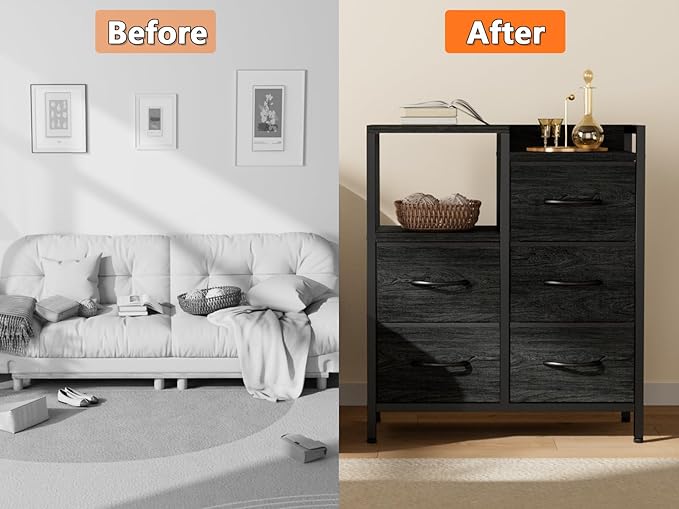 Furnulem 5 Drawer Black Dressers for Bedroom 2 Tier Shelf Storage Small Fabric Dresser for Closet Sturdy Metal Frame Modern Style Storage Cabinets Organization Units for Hallway Rooms-NeatNest