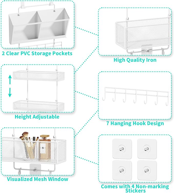 HapiRm Over Door Organizer Hanging - 6 Tier Over The Door Storage with Visual Pockets & Hooks, with 4 Metal Large Capacity Baskets for Bathroom Bedroom Kitchen Pantry Cabinet
