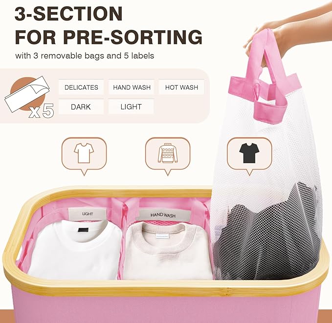 Hampers for Laundry Basket with Lid, 145L Extra Large 3 Section Clothes Divided Organizer for Bedroom, Laundry Room, Dirty Clothing Hamper, Pink-NeatNest