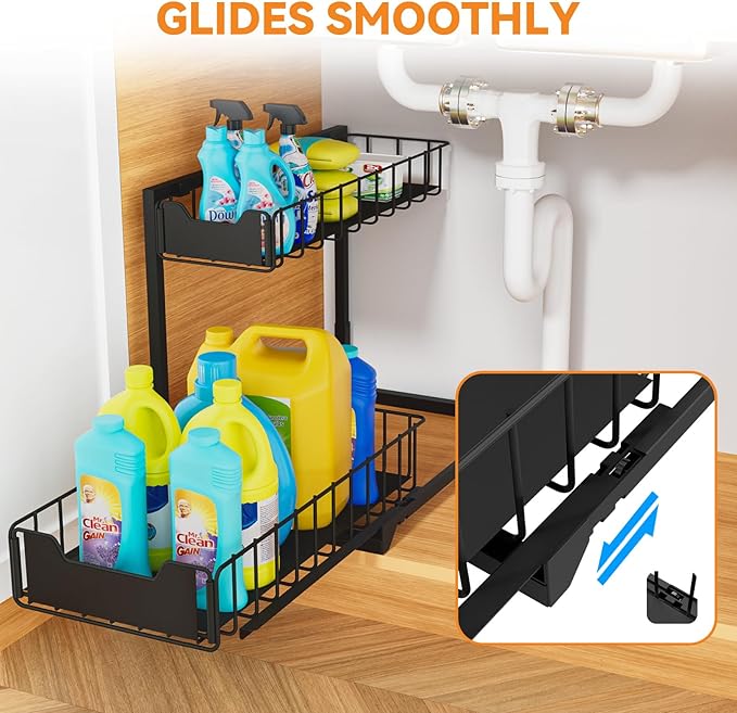 2 Pack Metal Under Sink Organizer, Pull Out Cabinet Organizer Rack with Silk-Smooth Bottom Drawer, Easy to Install, Multi-Purpose Storage Shelf for Bathroom, Kitchen, Vanity, Pantry-NeatNest