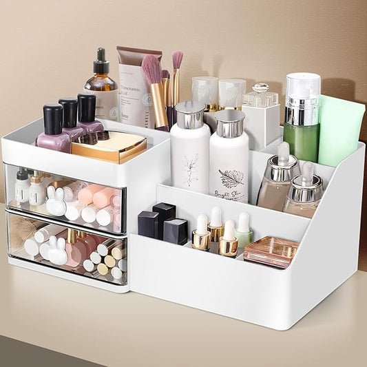 Makeup Organizer, Cosmetic Desk Storage Box with Drawers Skincare Organizers for Dressing Table, Countertop, Bathroom Counter, Vanity Holder for Brushes, Lotions, Lipstick, Perfume (White-Clear)-NeatNest