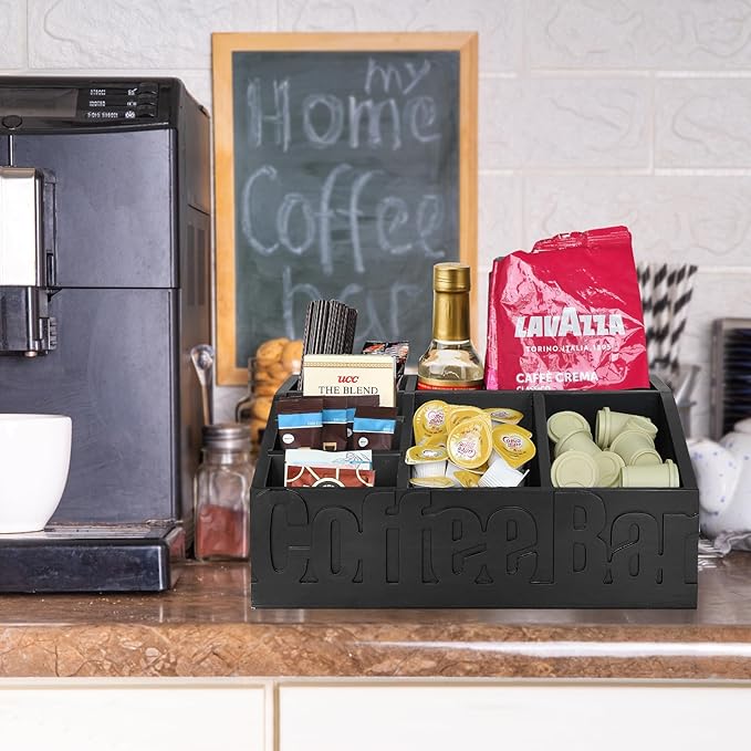 Coffee Bar Organizer for Accessories, Wood Station for Countertop, Farmhouse Pod Syrup Holder, Condiment Organizer for Decor (Black)-NeatNest