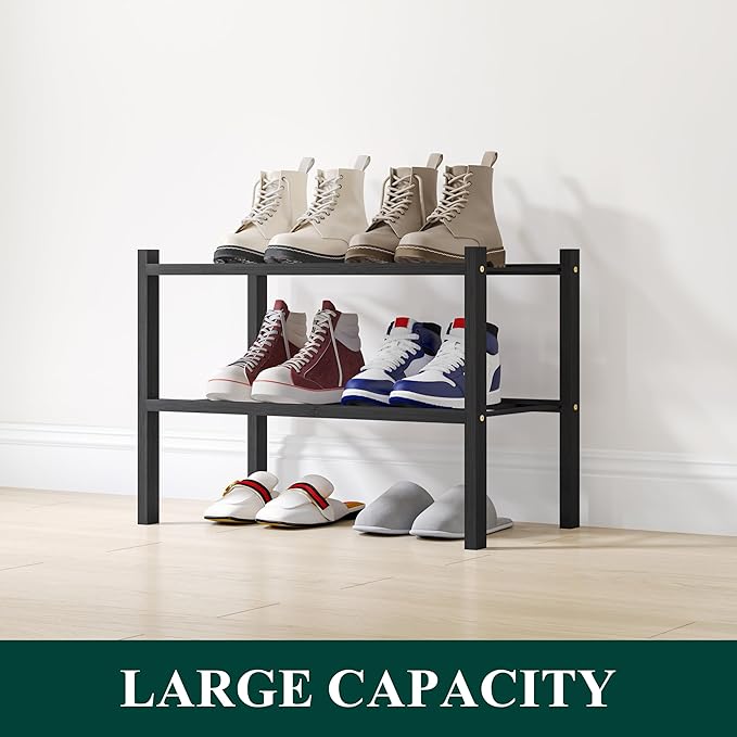 Smiry Shoe Rack, 2 Tier Small Bamboo Shoe Organizer, Stackable Free Standing Wooden Shoe Storage Shelf for Closet, Entryway, Front Door Entrance, Black-NeatNest