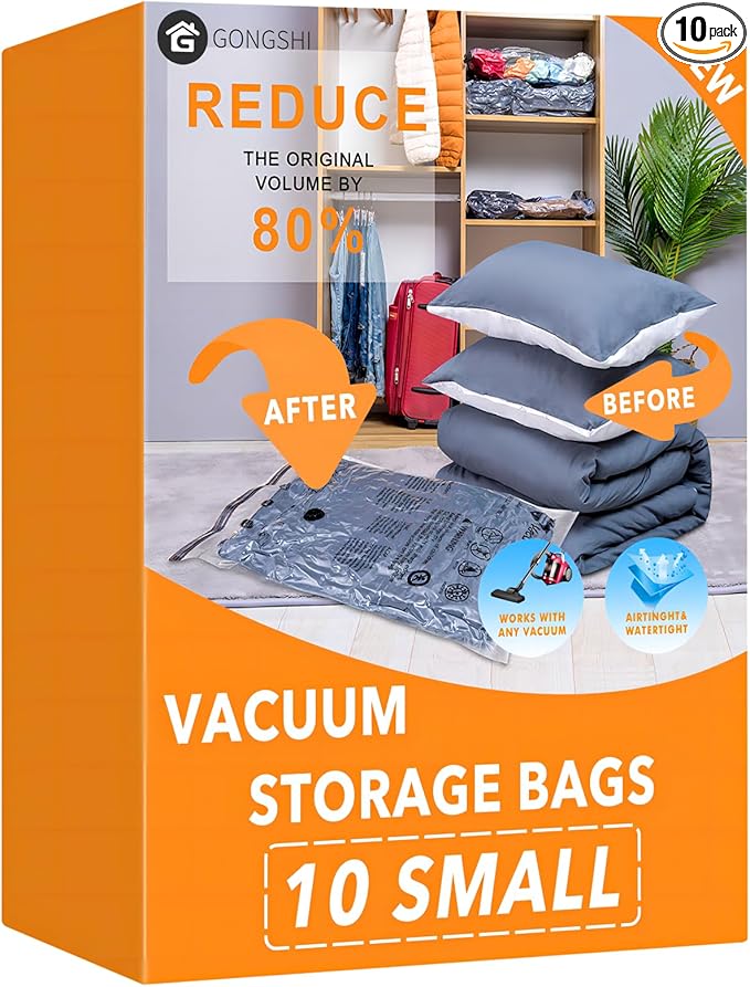 10 Small Vacuum Storage Bags, Space Saver Sealer Compression Bags for Blankets, Comforters, Pillows, Clothes Storage-NeatNest