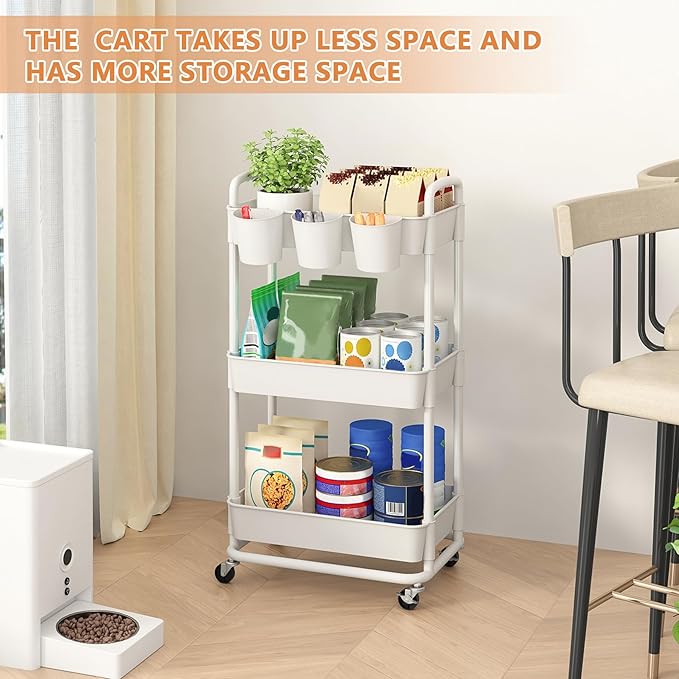 JIUYOTREE 3-Tier Plastic Rolling Storage Cart Utility Cart with Extra Hanging Cups Handles Lockable Wheels for Living Room Bathroom Kitchen Office White-NeatNest