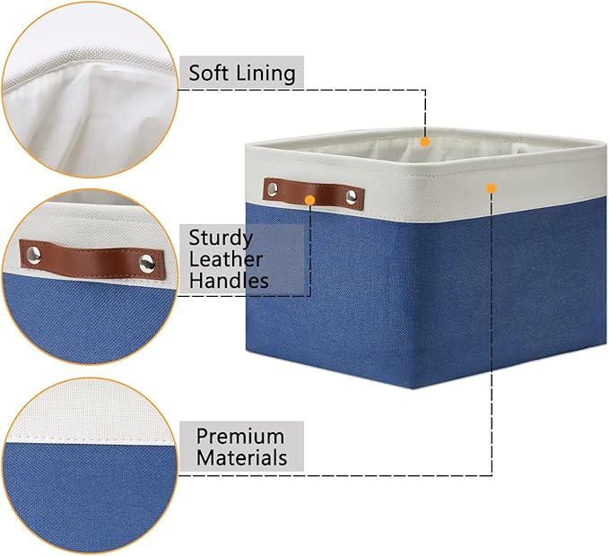DULLEMELO Fabric Storage Basket for Closets,15x11x9.5 inch Foldable Storage Basket Bin with Handles for Office, Closet,Bedroom (White&Blue,1 Pack)-NeatNest
