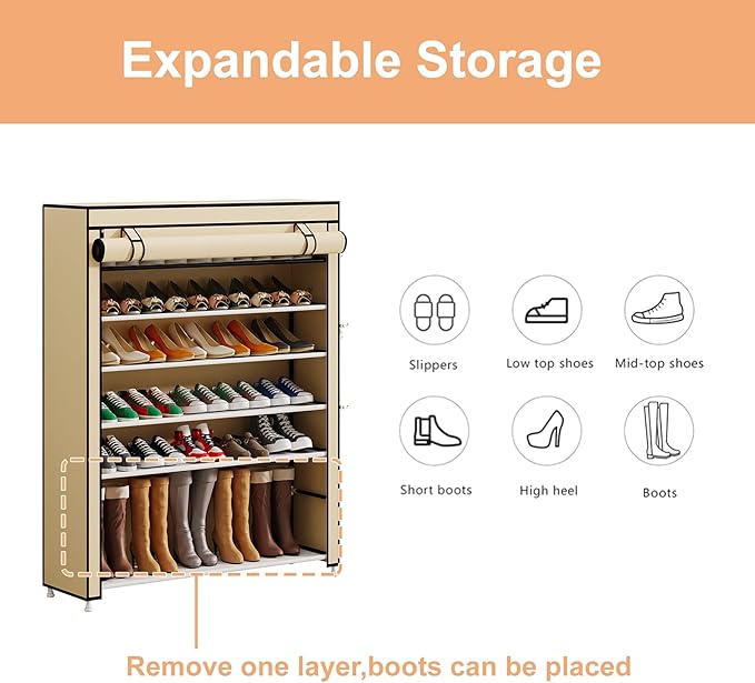 Calmootey 7 Tier Shoe Rack Organizer to Hold 35 Pairs, Portable Shoe Shelf with Nonwoven Fabric Cover for Closet Hallway, Bedroom, Entryway, Beige-NeatNest