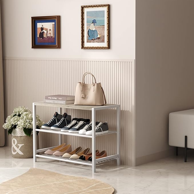 HOMEFORT 3-Tier Shoe Rack, Shoe Storage Shelf, Industrial Shoe Tower, Narrow Shoe Organizer for Closet Entryway, Small Shoe Rack Table with Durable Metal Shelves, White Oak-NeatNest