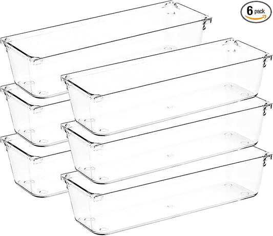 6 Pack Drawer Organizer - 3" X 9" Clear Acrylic Storage Bins with Non-Slip Pads, Versatile Desk Tray for Makeup, Jewelry, Kitchen, Bathroom, and Office Organization-NeatNest
