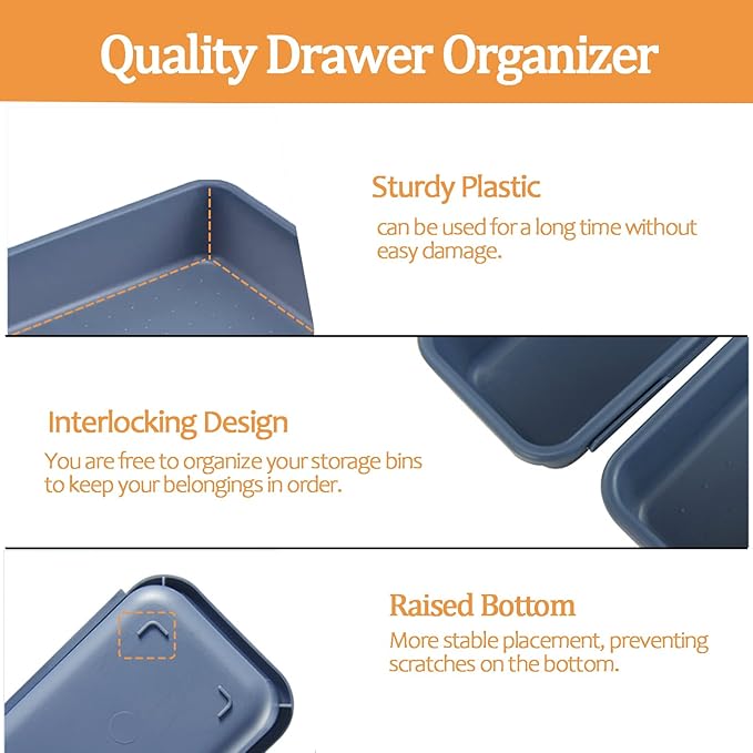 8 Pcs Desk Drawer Organizers, 3 Size Plastic Vanity and Bathroom Drawer Organizer Trays, Storage Bins for Makeup, Utensils, Jewelries, Office and Kitchen (White)-NeatNest