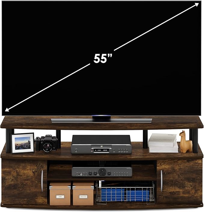 Furinno Jaya Entertainment Center Stand Unit/TV Desk for up to 55 inch, Amber Pine/Black-NeatNest