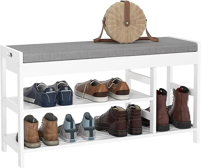 HIFIT Bamboo Shoe Bench Rack with Storage, Entryway Storage Bench with Padded Seat, Shoe Oiganizer Shelf for Entryway Mudroom Bathroom, White