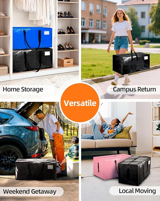 12 Pack Extra Large Moving Bags, Heavy Duty Packing Bags with Zippers and Handles for Space Saving, Clothes Storage, College Essentials, Travel, Black